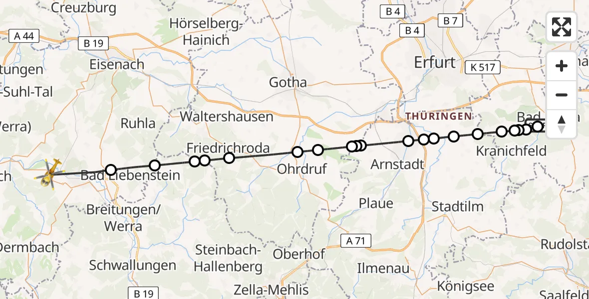 Flugroute Ambulanzhubschrauber Bad Berka Central Hospital - Bad Salzungen, 22 August 2026, 20:56