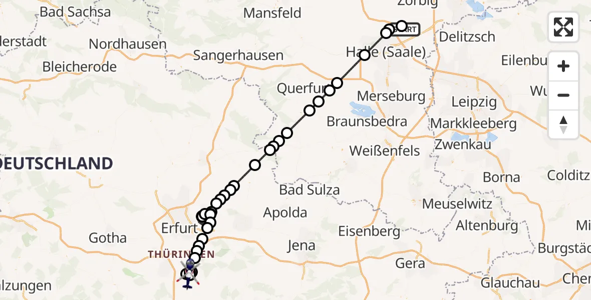 Flugroute Polizeihubschrauber Halle-Oppin Flugplatz - Arnstadt-Alkersleben Flugplatz, 22 August 2026, 22:05
