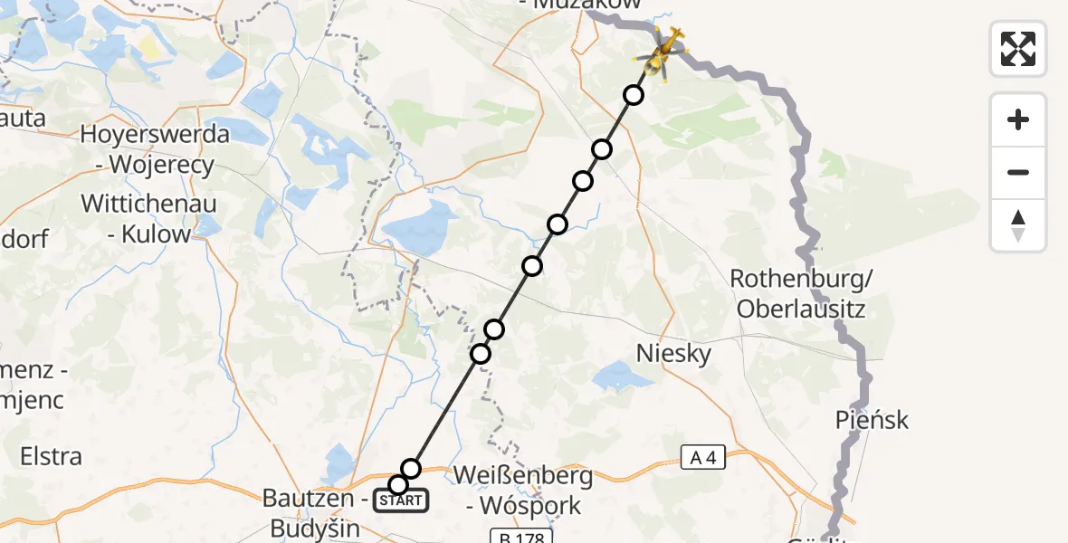 Flugroute Rettungshubschrauber Bautzen Flugplatz - Krauschwitz i.d.O.L., 22 August 2026, 22:55