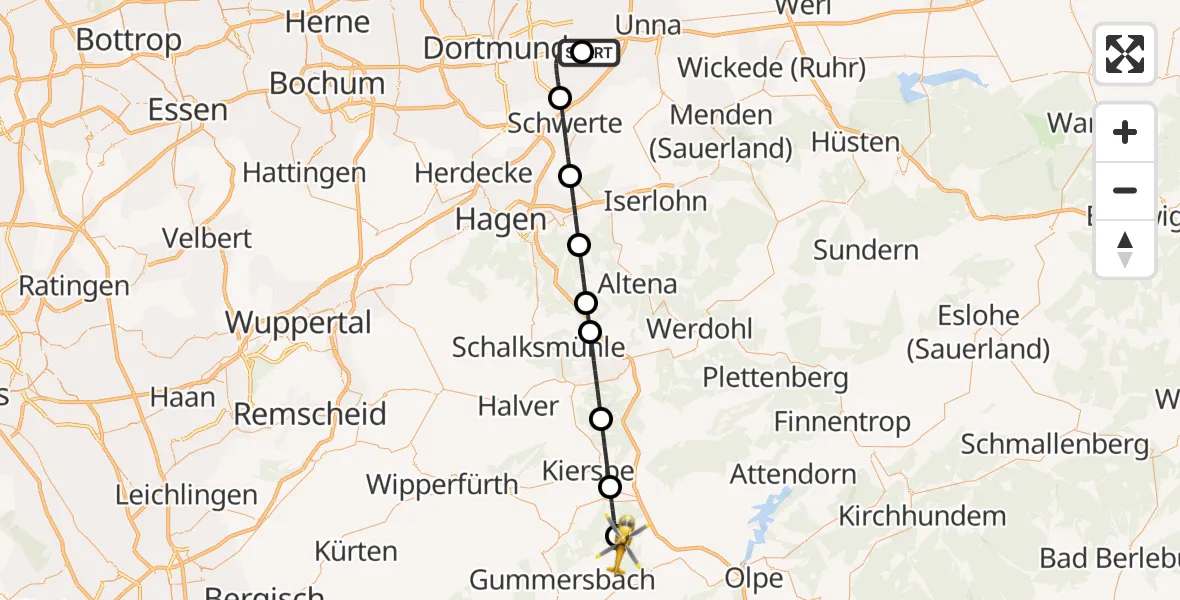 Flugroute Rettungshubschrauber Dortmund Flughafen - Gummersbach, 22 August 2026, 23:05