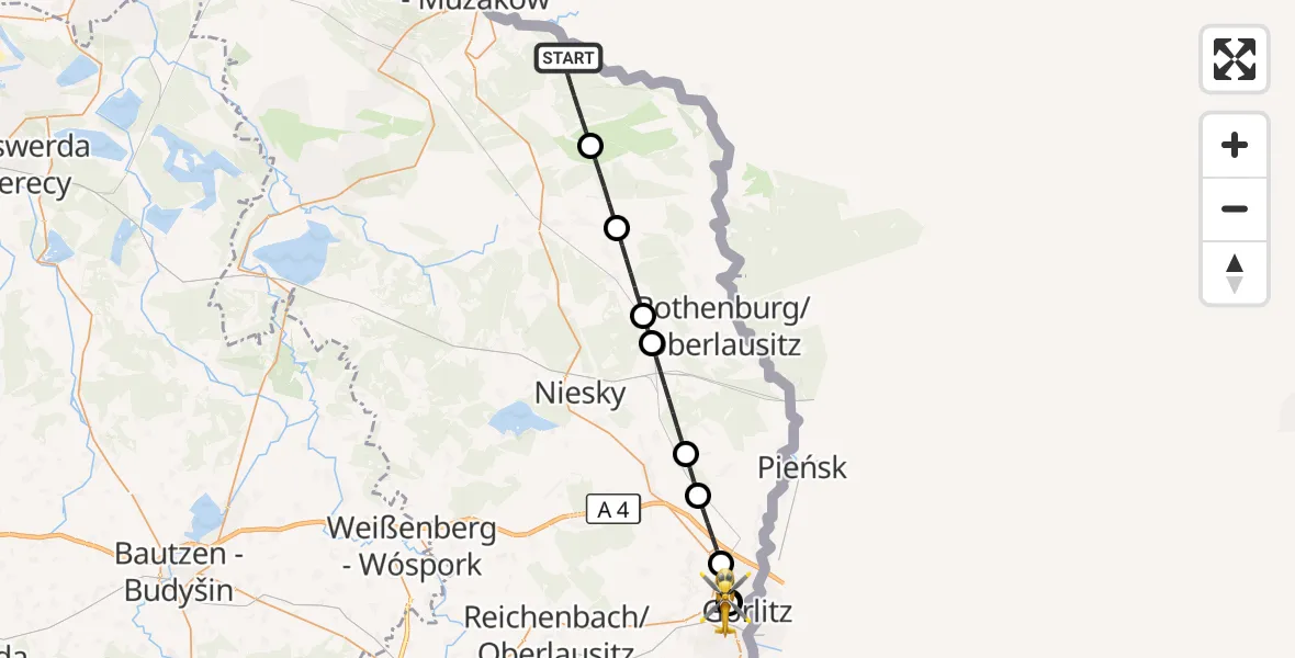 Flugroute Rettungshubschrauber Krauschwitz i.d.O.L. - Görlitz Hospital, 22 August 2026, 23:45