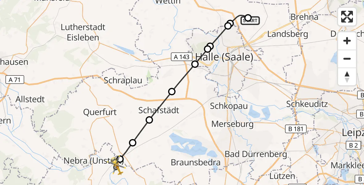 Flugroute Rettungshubschrauber Halle-Oppin Flugplatz - Karsdorf, 22 August 2026, 23:58