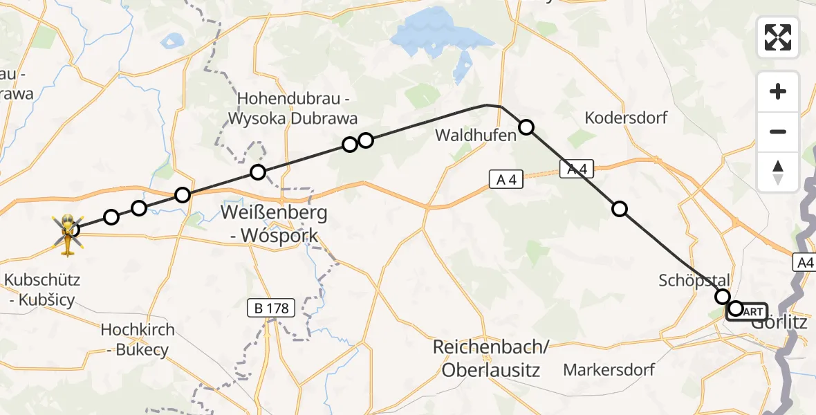 Flugroute Rettungshubschrauber Görlitz Hospital - Bautzen Flugplatz, 23 August 2026, 00:21