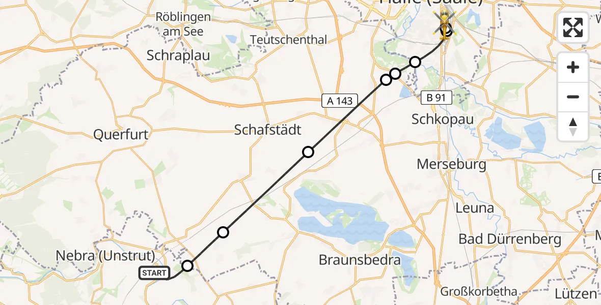 Flugroute Rettungshubschrauber Karsdorf - BG Hospital Bergmannstrost Halle, 23 August 2026, 00:47