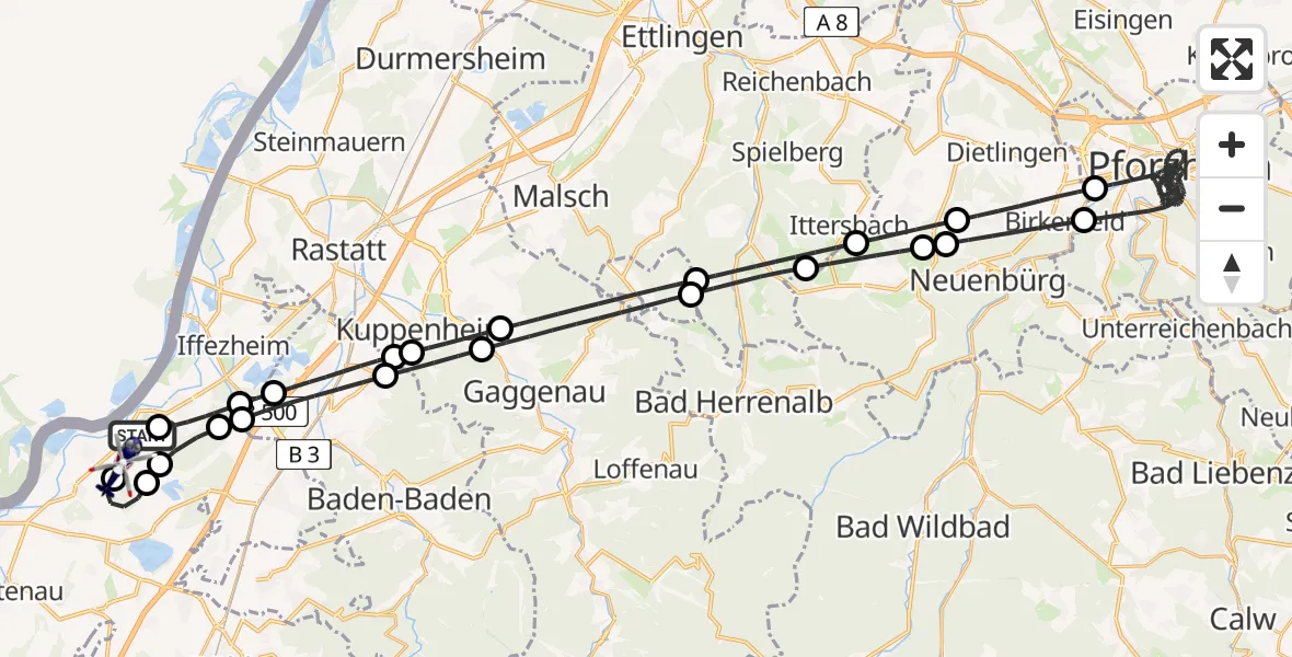 Flugroute Polizeihubschrauber Karlsruhe Baden-Baden Flughafen - Karlsruhe Baden-Baden Flughafen, 23 August 2026, 00:47