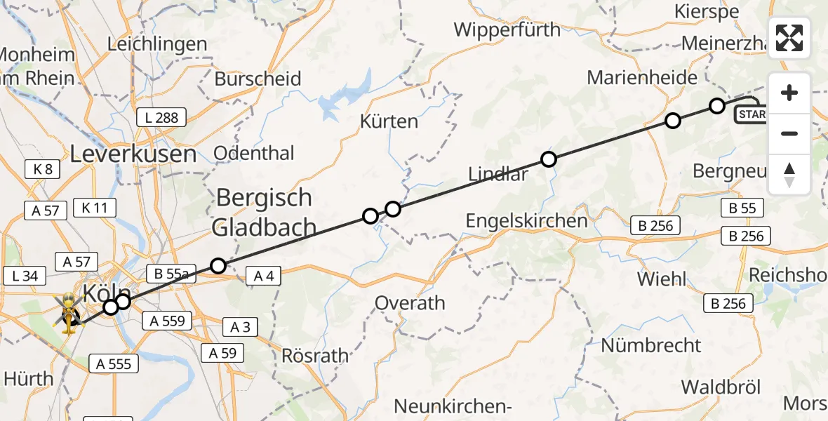 Flugroute Rettungshubschrauber Gummersbach - Köln University Hospital, 23 August 2026, 00:53