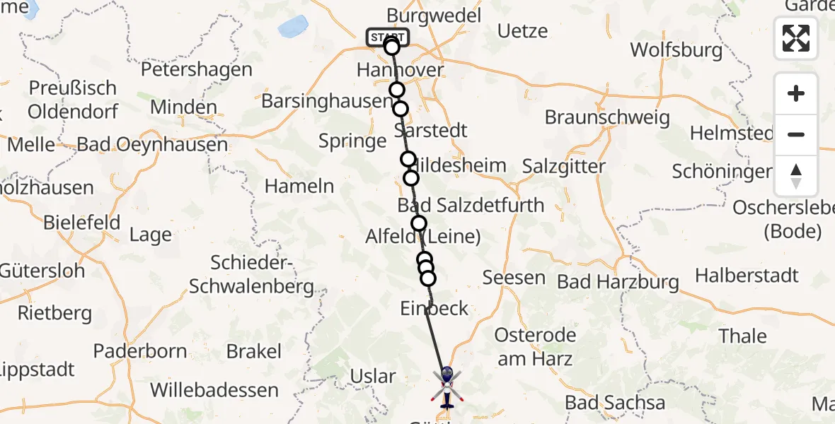 Flugroute Polizeihubschrauber Flughafen Hannover - Nörten-Hardenberg, 23 August 2026, 01:08