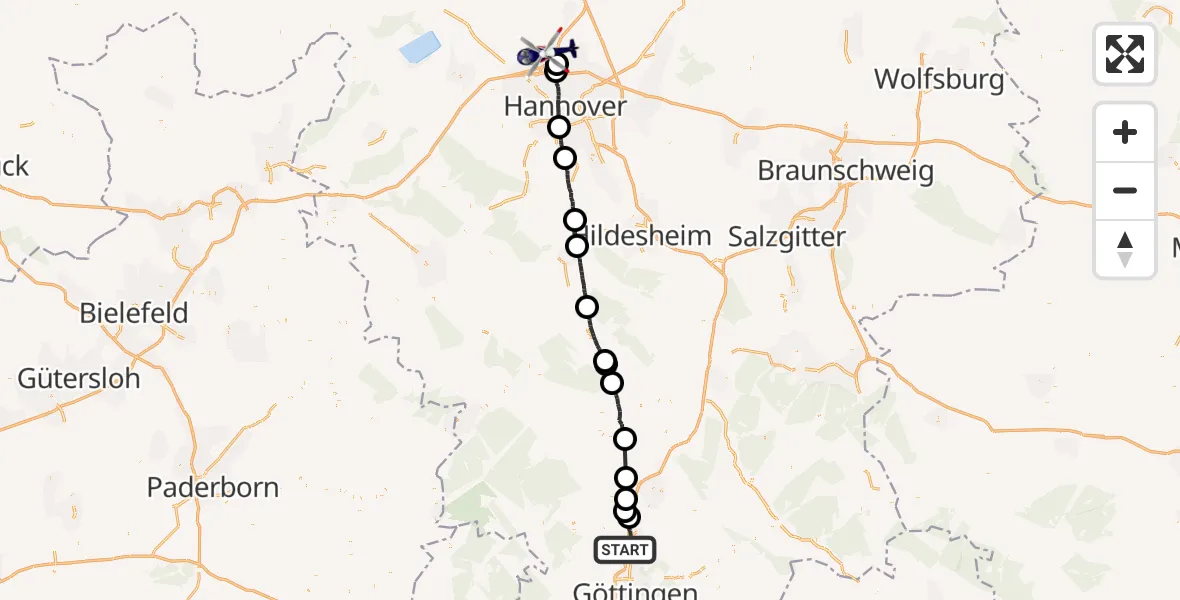 Flugroute Polizeihubschrauber Nörten-Hardenberg - Flughafen Hannover, 23 August 2026, 01:34