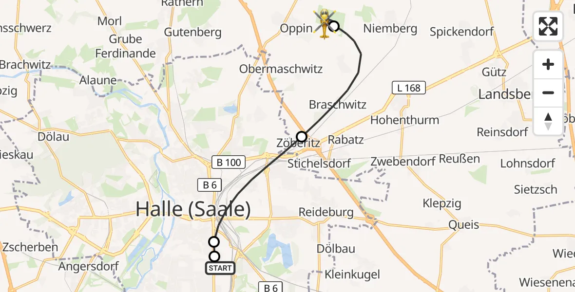 Flugroute Rettungshubschrauber BG Hospital Bergmannstrost Halle - Halle-Oppin Flugplatz, 23 August 2026, 01:36