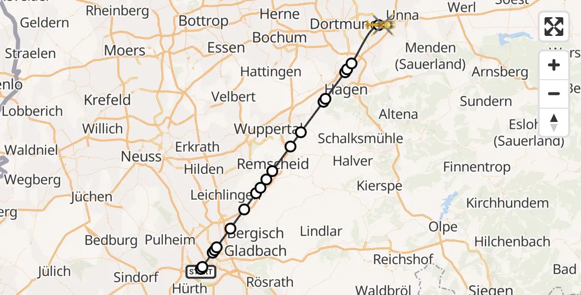 Flugroute Rettungshubschrauber Köln University Hospital - Dortmund Flughafen, 23 August 2026, 01:54