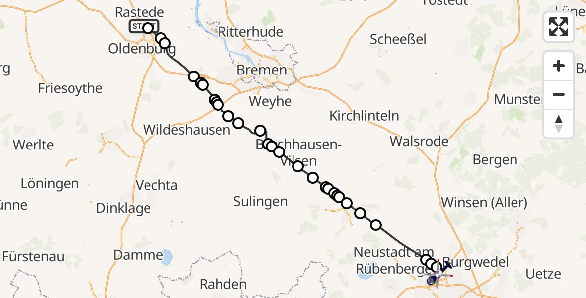 Flugroute Polizeihubschrauber Rastede - Flughafen Hannover, 23 August 2026, 04:53