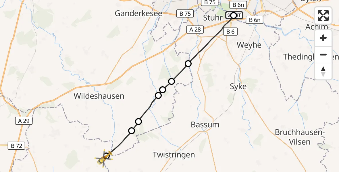 Flugroute Rettungshubschrauber Bremen - Goldenstedt, 23 August 2026, 05:05