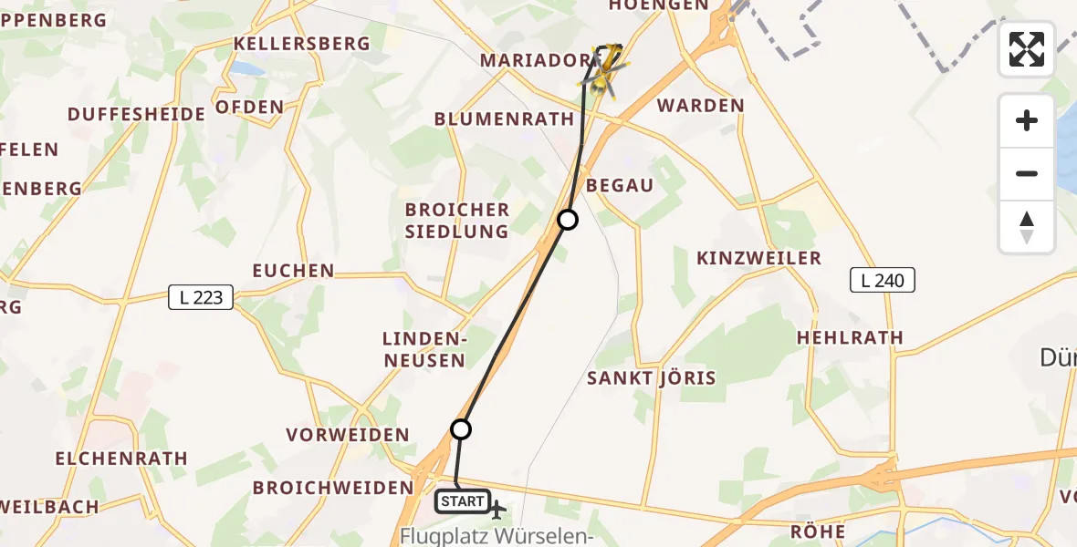 Flugroute Rettungshubschrauber Aachen-Merzbrück Flughafen - Alsdorf, 23 August 2026, 05:18