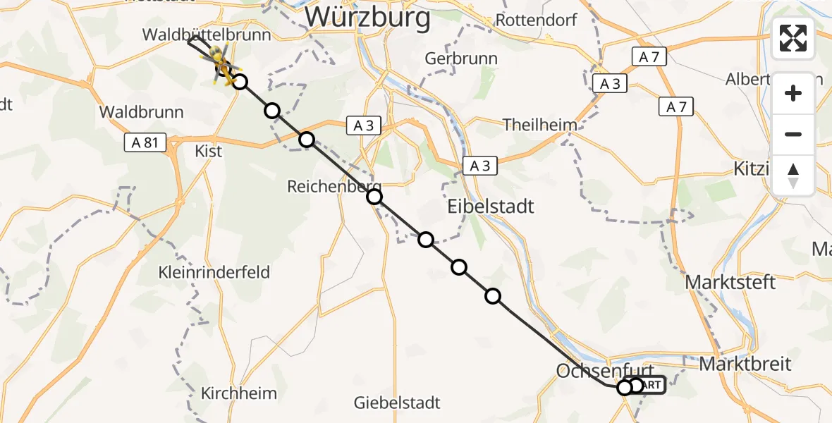 Flugroute Rettungshubschrauber Ochsenfurt Hospital - Waldbüttelbrunn, 23 August 2026, 05:20