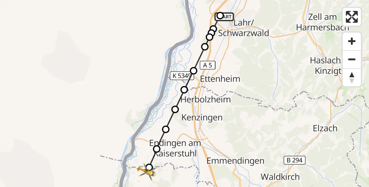 Flugroute Rettungshubschrauber Lahr Flughafen - Vogtsburg im Kaiserstuhl, 23 August 2026, 05:23