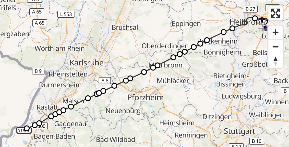 Flugroute Polizeihubschrauber Karlsruhe Baden-Baden Flughafen - Weinsberg, 23 August 2026, 05:35