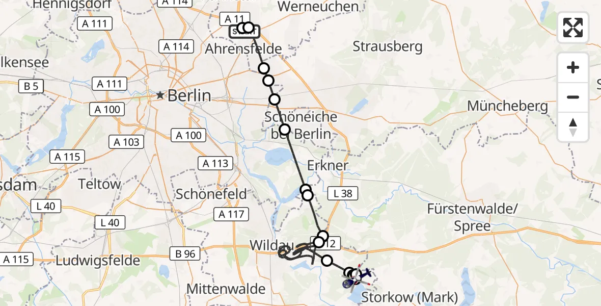 Flugroute Polizeihubschrauber Ahrensfelde Hubschrauberlandeplatz - Heidesee, 23 August 2026, 05:43