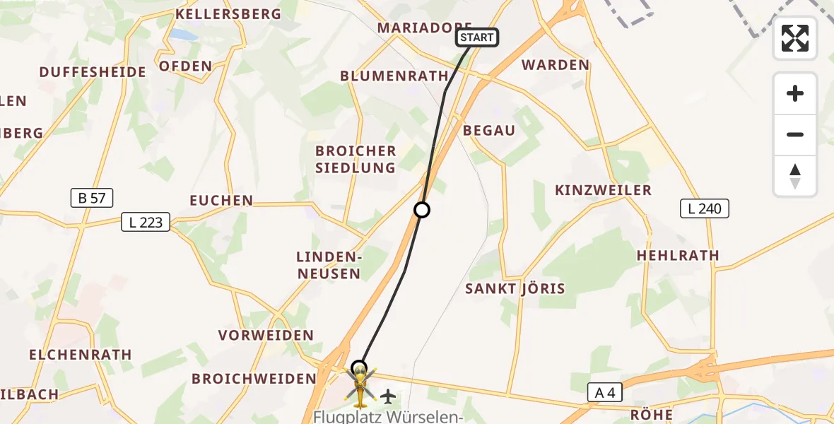 Flugroute Rettungshubschrauber Alsdorf - Aachen-Merzbrück Flughafen, 23 August 2026, 05:57