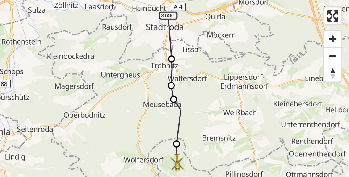 Flugroute Rettungshubschrauber Stadtroda - Neustadt an der Orla, 23 August 2026, 06:03