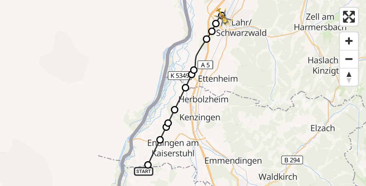 Flugroute Rettungshubschrauber Vogtsburg im Kaiserstuhl - Lahr Flughafen, 23 August 2026, 06:27