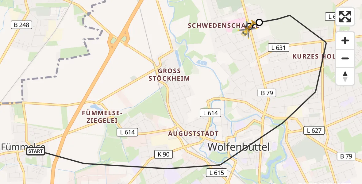 Flugroute Rettungshubschrauber Wolfenbüttel - Wolfenbüttel Municipal Hospital Heliport (Christoph 30), 23 August 2026, 06:39