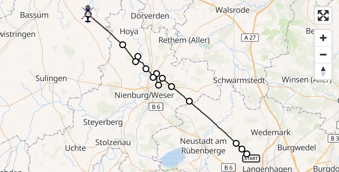 Flugroute Polizeihubschrauber Flughafen Hannover - Bruchhausen-Vilsen, 23 August 2026, 06:40