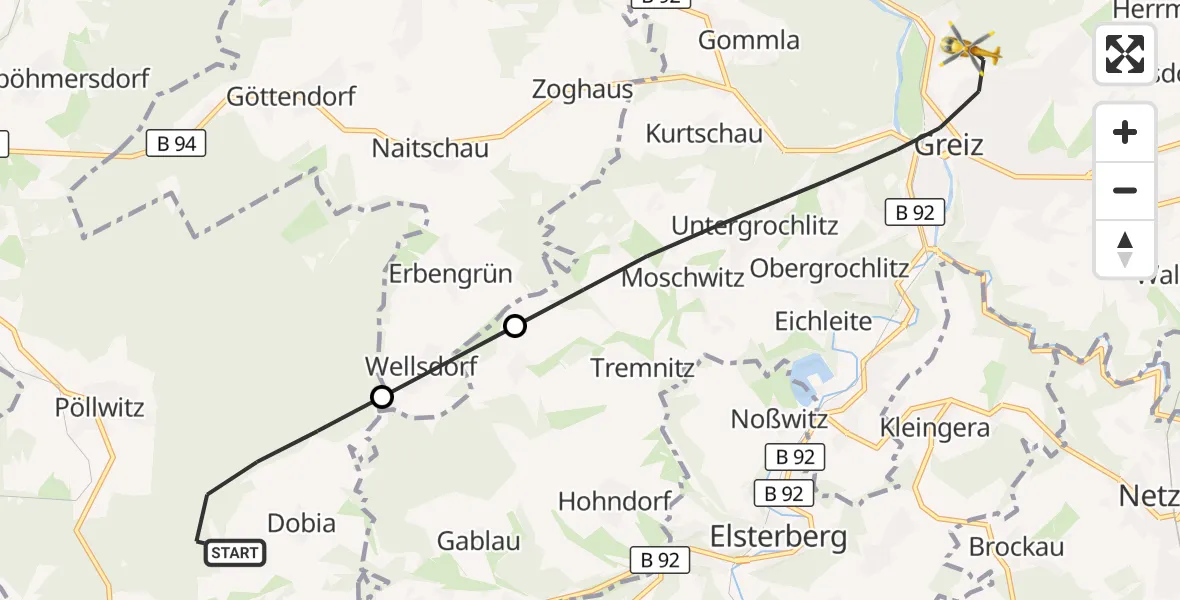 Flugroute Rettungshubschrauber Zeulenroda-Triebes - Greiz, 23 August 2026, 06:48