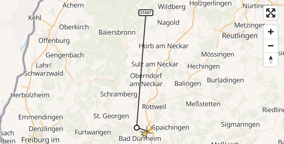 Flugroute Ambulanzhubschrauber Altensteig - Villingen-Schwenningen, 23 August 2026, 06:59