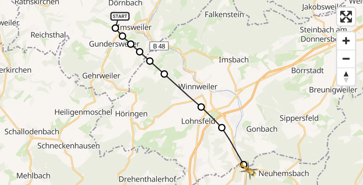 Flugroute Rettungshubschrauber Rockenhausen - Neuhemsbach, 23 August 2026, 07:04