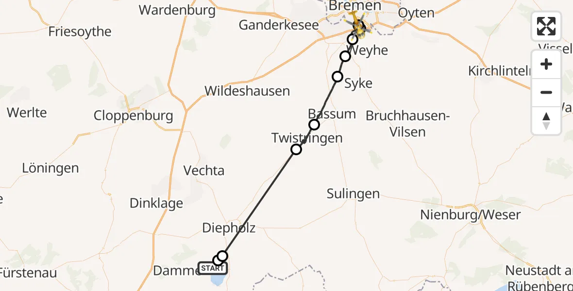 Flugroute Rettungshubschrauber Lembruch - ADAC Air Rescue Station Bremen Hubschrauberlandeplatz (Christoph 6), 23 August 2026, 07:08