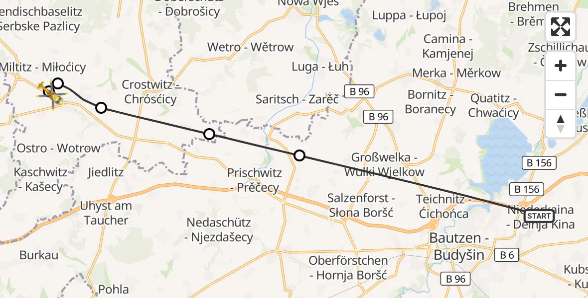 Flugroute Rettungshubschrauber Bautzen - Panschwitz-Kuckau, 23 August 2026, 07:20
