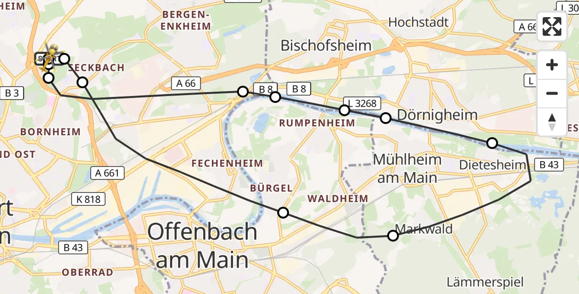 Flugroute Rettungshubschrauber Frankfurt am Main Accident Hospital Roof Helipad (CHX2) - Frankfurt am Main Accident Hospital Roof Helipad (CHX2), 23 August 2026, 07:21
