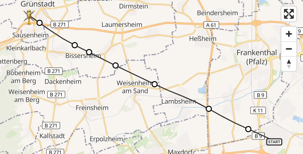 Flugroute Rettungshubschrauber Ludwigshafen am Rhein - Grünstadt, 23 August 2026, 07:24