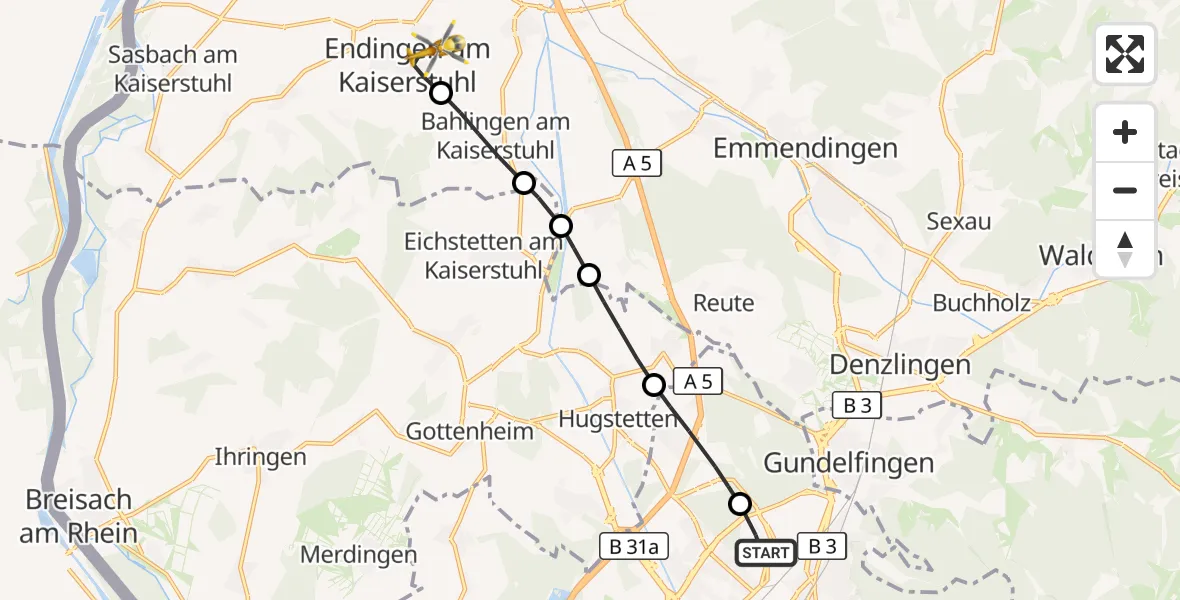 Flugroute Ambulanzhubschrauber Freiburg im Breisgau Flugplatz - Endingen am Kaiserstuhl, 23 August 2026, 07:26