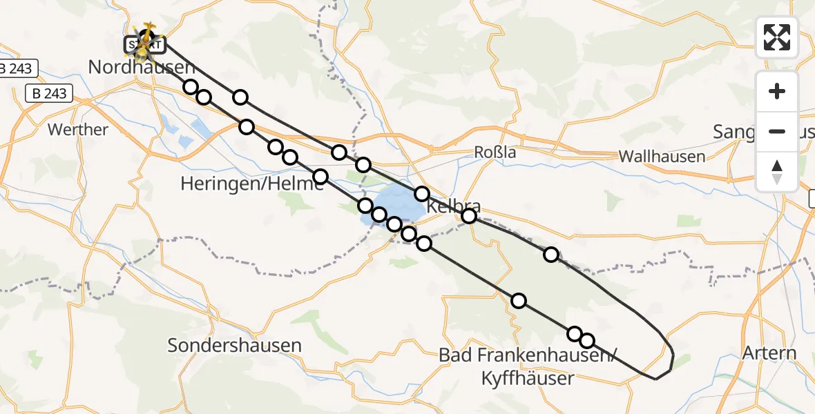 Flugroute Rettungshubschrauber Südharz Hospital Nordhausen - Südharz Hospital Nordhausen, 23 August 2026, 07:30