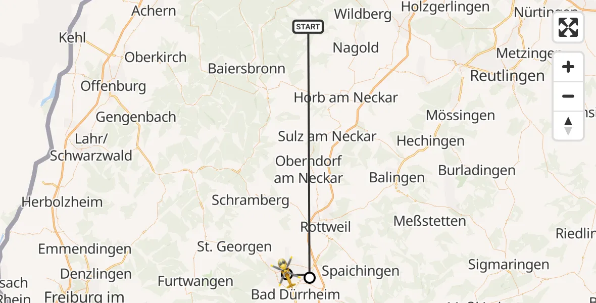 Flugroute Ambulanzhubschrauber Altensteig - DRF Air Rescue Station Villingen-Schwenningen Hubschrauberlandeplatz (Christoph 11), 23 August 2026, 07:34