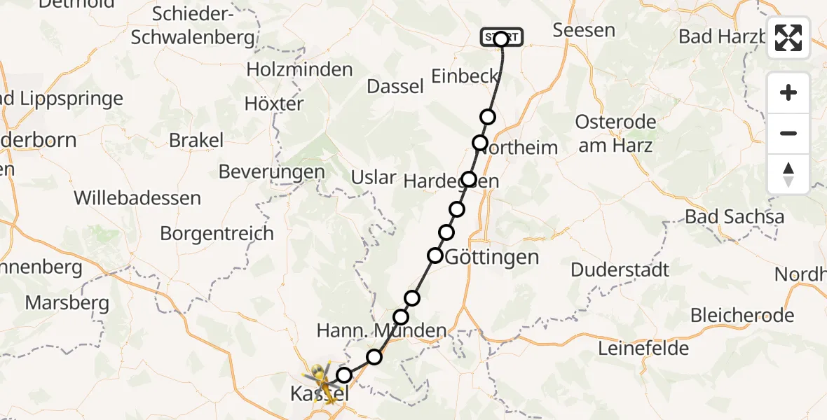 Flugroute Rettungshubschrauber Bad Gandersheim - Kassel, 23 August 2026, 07:34