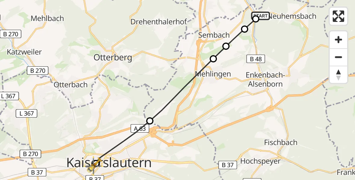 Flugroute Rettungshubschrauber Neuhemsbach - Westpfalz Hospital Kaiserslautern, 23 August 2026, 07:44