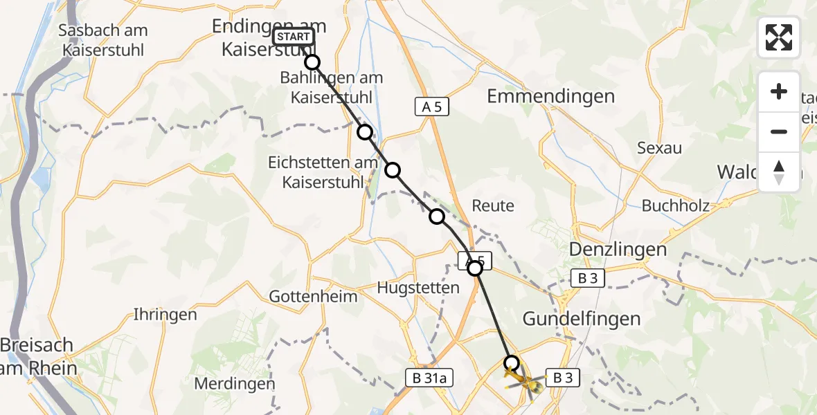 Flugroute Ambulanzhubschrauber Endingen am Kaiserstuhl - Freiburg im Breisgau Flugplatz, 23 August 2026, 07:57
