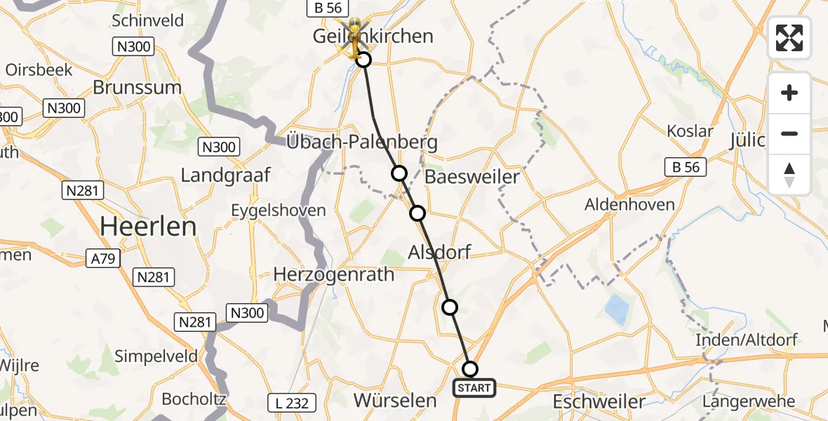 Flugroute Rettungshubschrauber Aachen-Merzbrück Flughafen - Geilenkirchen, 23 August 2026, 07:59