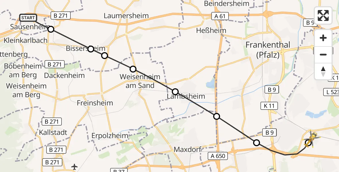 Flugroute Rettungshubschrauber Grünstadt - Ludwigshafen Accident Hospital, 23 August 2026, 07:59