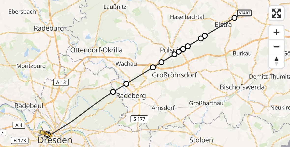 Flugroute Rettungshubschrauber Panschwitz-Kuckau - Dresden Friedrichstadt Hospital, 23 August 2026, 08:00