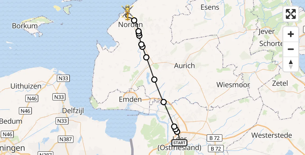 Flugroute Ambulanzhubschrauber Leer (Ostfriesland) - Norden-Norddeich Flughafen, 23 August 2026, 08:11