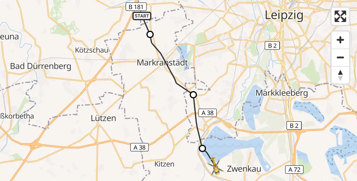 Flugroute Rettungshubschrauber Schkeuditz - Zwenkau, 23 August 2026, 08:13