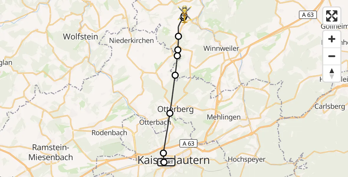 Flugroute Rettungshubschrauber Westpfalz Hospital Kaiserslautern - Rockenhausen, 23 August 2026, 08:13