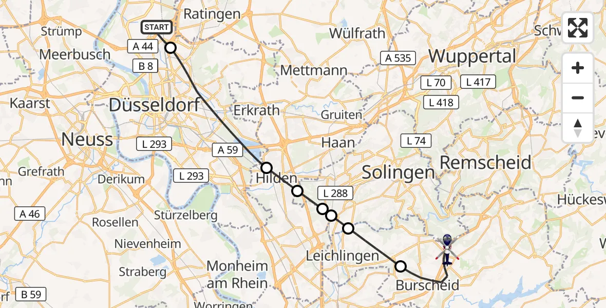 Flugroute Polizeihubschrauber Düsseldorf Flughafen - Burscheid, 23 August 2026, 08:18