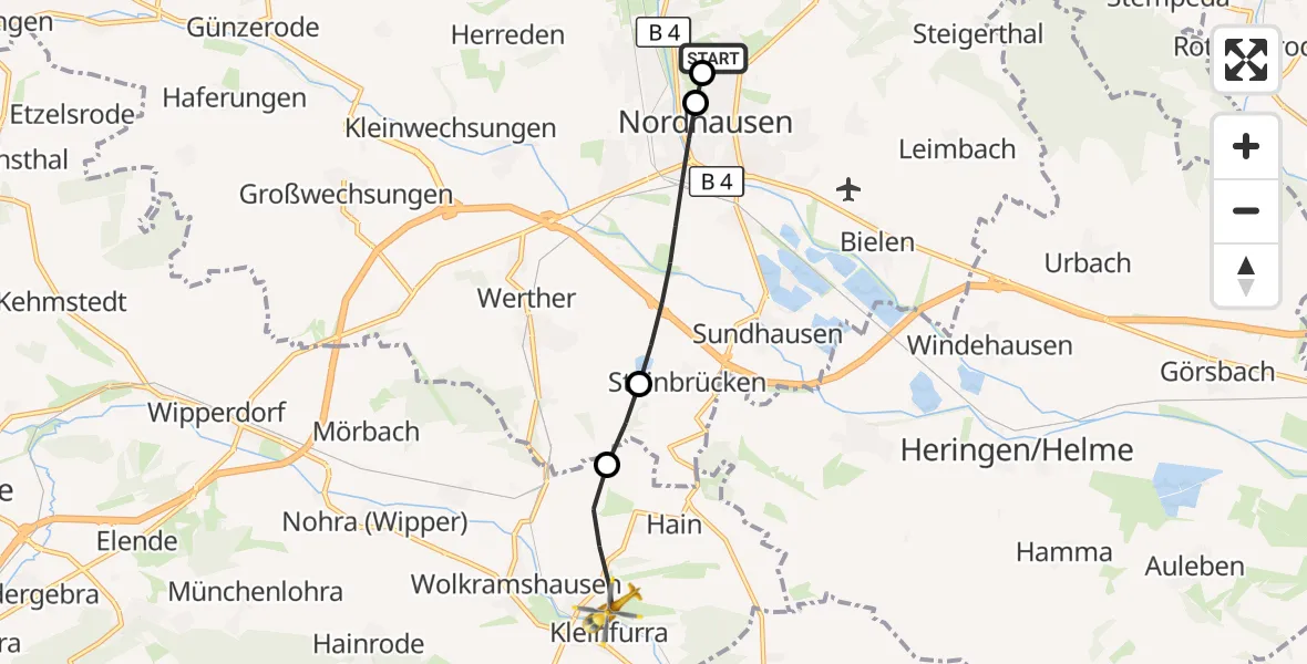 Flugroute Rettungshubschrauber Südharz Hospital Nordhausen - Kleinfurra, 23 August 2026, 08:23