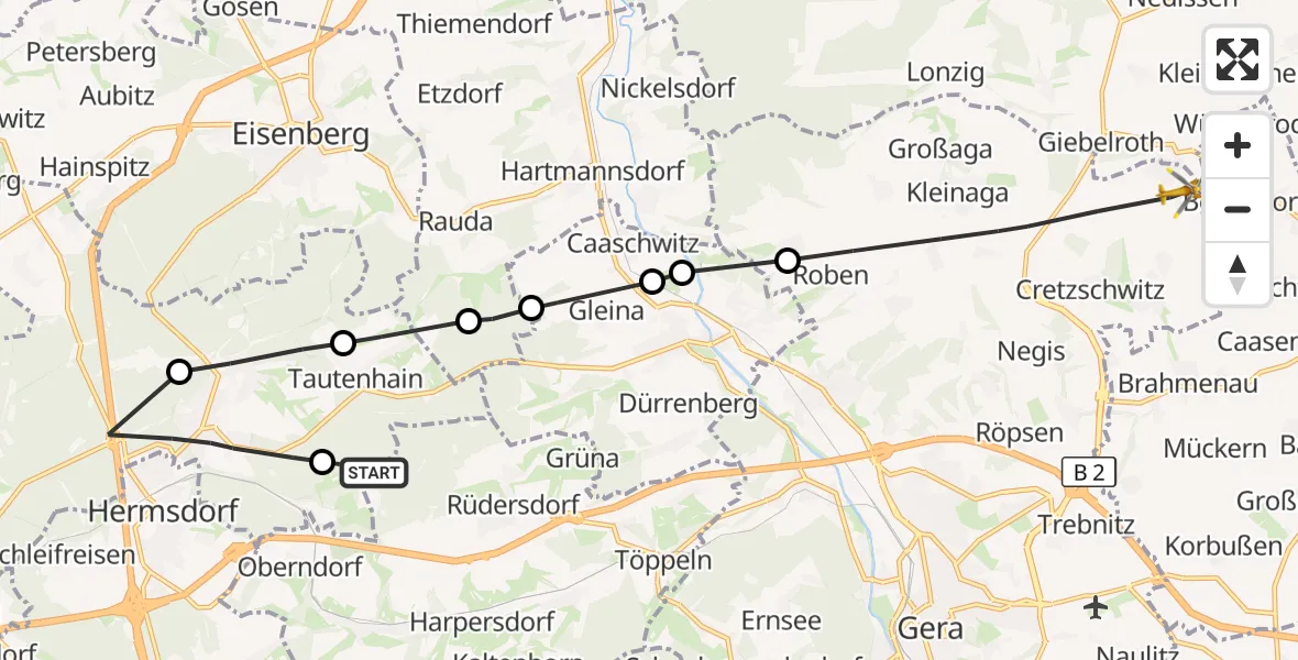 Flugroute Rettungshubschrauber Tautenhain - Gera, 23 August 2026, 08:34