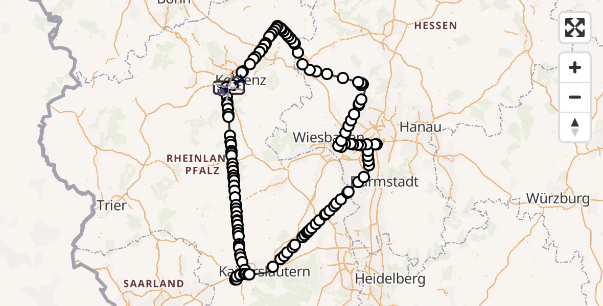 Flugroute Polizeihubschrauber Winningen - Koblenz-Winningen Flugplatz, 23 August 2026, 08:42