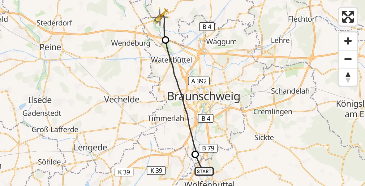 Flugroute Rettungshubschrauber Wolfenbüttel - Schwülper, 23 August 2026, 08:45